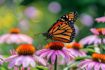 Fototapeta premium Monarch Butterfly on Coneflowers in a Blooming Garden: Capturing the Elegance of Nature’s Beauty