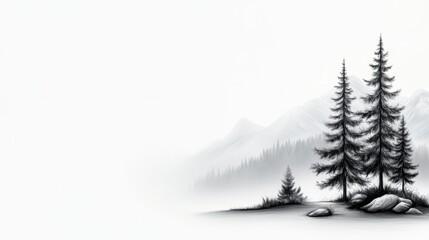 Fototapeta premium Serene Black and White Landscape with Pine Trees and Misty Mountains in the Background