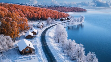 Winding mountain road through snowy coniferous forest with lake aside . aerial view on winter day
