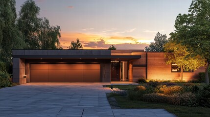 Fototapeta premium Sunset Modern Home: A stunning contemporary home with a warm, earthy facade is beautifully illuminated at sunset, showcasing its sleek design and inviting ambiance.
