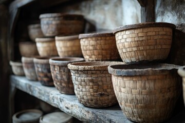 Fototapeta premium Stacked wooden bowls on a rustic wooden shelf
