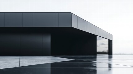 Modern Minimalist Architecture: A striking modern building with clean lines and a sleek black facade, set against a moody, minimalist background. This photo exudes a sense of understated elegance.