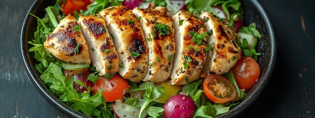 Grilled chicken breast and vegetable salad healthy lunch option Top view