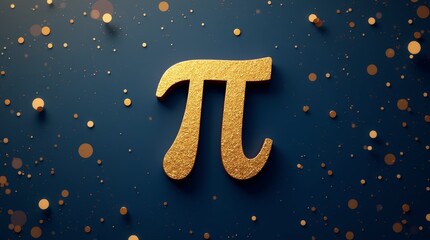 Naklejka premium Pi Day greeting card with a gold three-dimensional Pi symbol on a dark blue festive background with glitter 