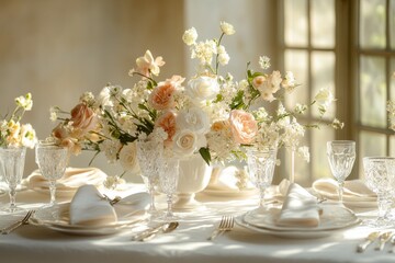 Elegant table setting with flowers and glassware