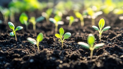 Fresh Green Seedlings Growing in Rich Soil Under Soft Sunlight