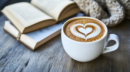 Cozy Coffee Scene with Heart Latte Art and Open Book on Wooden Table
