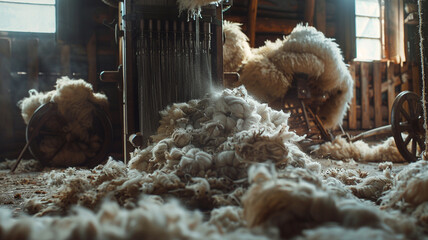 Raw Wool Being Processed for Spinning: Freshly shorn wool being carded and prepared for spinning into yarn, showcasing traditional textile practices.