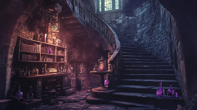 Mystical alchemy lab interior with potion bottles books and stone staircase. Alchemy & Magic Symbols. Illustration