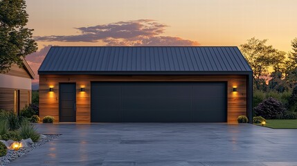 Modern Garage at Sunset: The exterior of a contemporary garage with a dark metal roof, wooden paneling and a sleek grey garage door glows with the warm light of dusk.