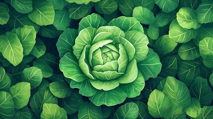 Fototapeta premium A vibrant green cabbage rests at the center of rich green leaves, showcasing its freshness and healthy growth in a thriving garden setting