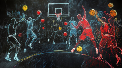 A chalk-drawn diagram of a basketball game on a blackboard, outlining strategies and player positions.