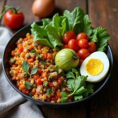 Wholesome pearl couscous salad with vibrant vegetables and a boiled egg in a bowl  W4A1B8