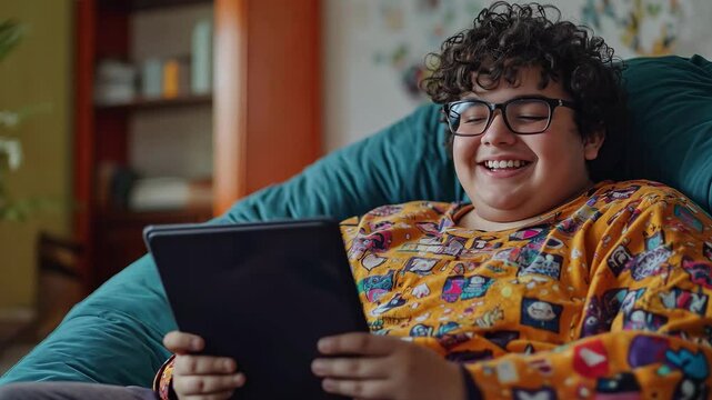 A happy plus size teen boy plaving online game on digital tablet while relaxes on a cushioned chair at home