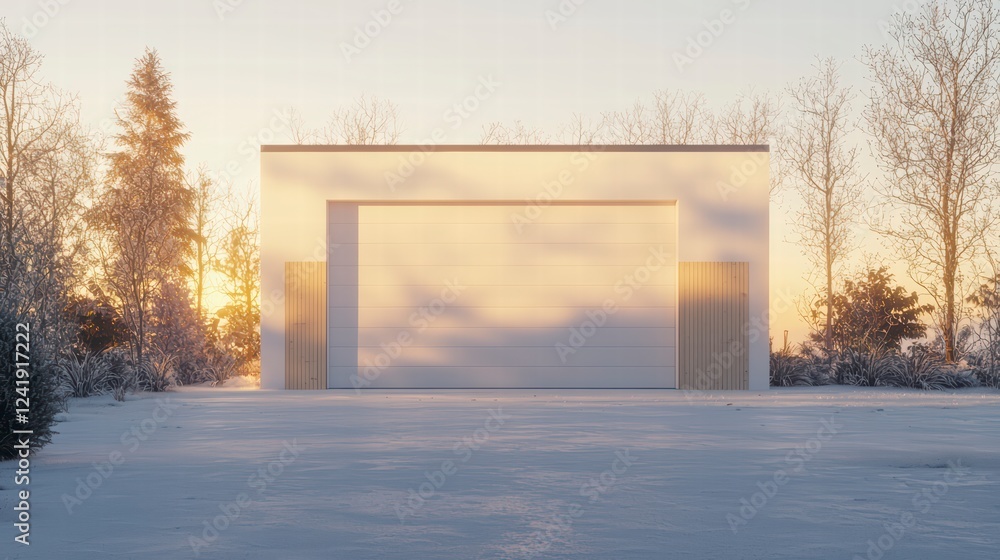 Poster modern minimalist architecture: a pristine white, minimalist structure stands stark against a backdr