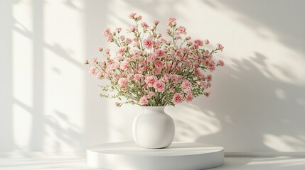 A beautiful arrangement of pink flowers in a white vase on a minimalist pedestal with soft shadows