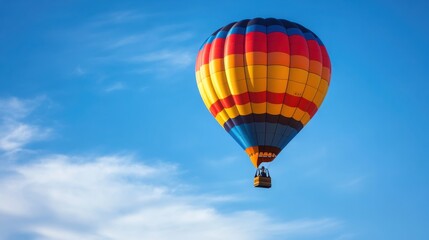 Naklejka premium A vibrant hot air balloon gracefully soars through a clear blue sky, showcasing its bright colors against a stunning backdrop.