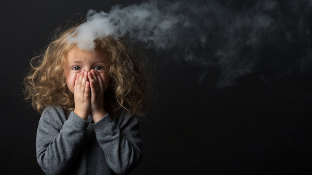 A small girl with curly hair hides behind her hands as a cloud of smoke from a nearby cigarette engulfs her space, emphasizing the dangers of passive smoking.