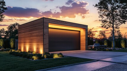 Modern Garage at Dusk: A sleek, contemporary wooden garage with a recessed lighting design stands majestically at dusk, illuminated against a vibrant sunset backdrop.