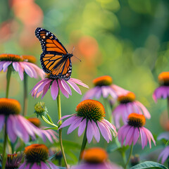 Naklejka premium Monarch Butterfly on Coneflowers in a Blooming Garden: Capturing the Elegance of Nature’s Beauty