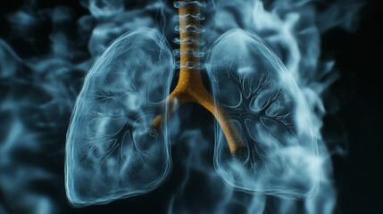 A close-up of semi-transparent lungs filled with swirling cigarette smoke, the toxic fumes visibly damaging the lung tissue, emphasizing smoking-related health risks.