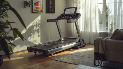 A compact treadmill in a living room with motivational posters, making fitness accessible and encouraging in smaller living spaces.
