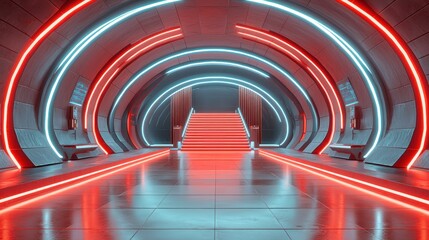 Futuristic red-blue neon tunnel staircase