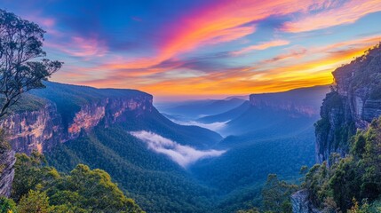 Obraz premium Majestic Sunset Over Serene Mountain Valley with Vibrant Colors