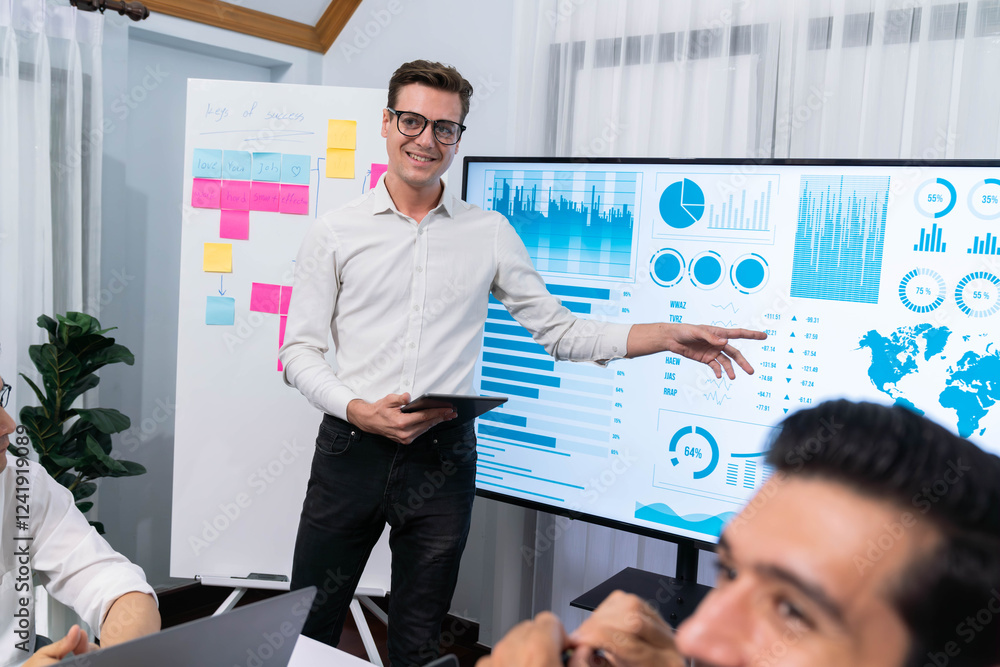 Aufkleber presentation in office or meeting room with analyst team utilizing bi fintech to analyze financial d