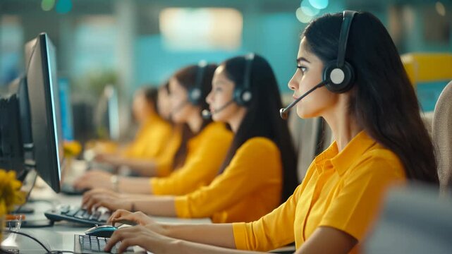A group of call center agents work diligently at their desks, wearing matching yellow uniforms, showcasing a lively and professional atmosphere focused on customer service.