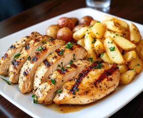 Grilled chicken breast with roasted potatoes and herbs on a white plate