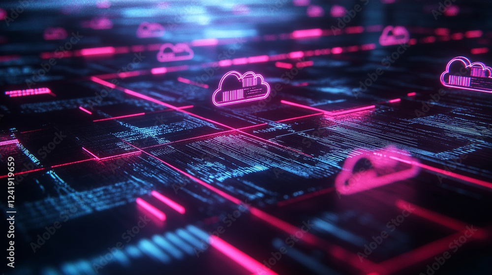 Poster an abstract 3d representation of a digital file management system, with holographic folders, glowing