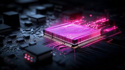 A neon-lit circuit board transforming into a dynamic digital network, with data packets flowing between storage nodes, symbolizing fast and secure file transfers.