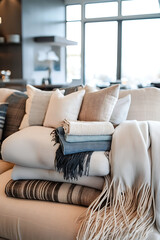Cozy living room scene featuring a modern sofa adorned with elegant cushions and soft throws, creating a warm and inviting atmosphere perfect for relaxation and comfort.