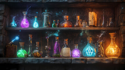 Among the glowing potion bottles, ancient manuscripts, and magical artifacts on stone shelves is an enchanting medieval alchemy lab filled with magic and mystery. Alchemy & Magic Symbols. Illustration