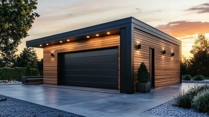 Modern Garage Design: A contemporary detached garage boasts a sleek, dark gray garage door, warm wood siding, and integrated lighting, creating a sophisticated and functional addition to any home.