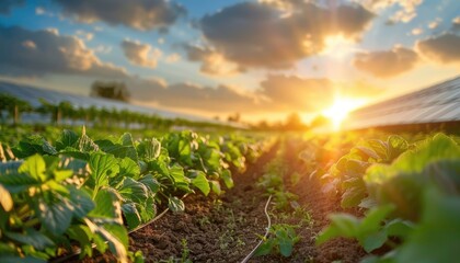 Naklejka premium organic lettuce vegetable field at agriculture plantation farm in dramatic sunset. 