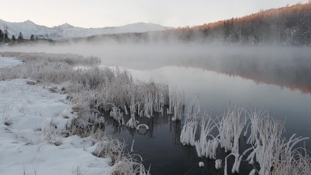 Fog creeps over the unfrozen Kidelu Lake against the background of forest and high snowy mountains at dawn in winter. Amazing Altai landscape