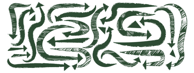 Pencil chalk crayon hand-drawn bold arrow abstract shape. Organic rough curve. Green paint strokes with grunge texture. Freehand sketch ornament. Vector graphic illustration, isolated white background