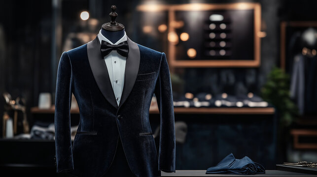A tuxedo with a midnight blue velvet jacket and a black satin bow tie displayed on a tailor&acirc;s mannequin, surrounded by fine tailoring tools and fabric swatches.