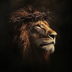 A noble lion gazes towards the horizon, symbolizing Jesus with a luminous cross subtly reflected in its eyes, conveying a powerful message of hope and faith.

