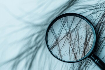 Magnifying glass examining a damaged hair strand under close observation for analysis of texture and condition. Generative AI