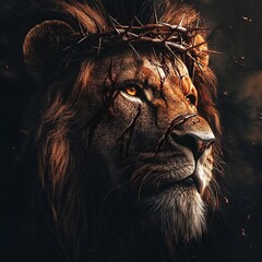A noble lion gazes towards the horizon, symbolizing Jesus with a luminous cross subtly reflected in its eyes, conveying a powerful message of hope and faith.

