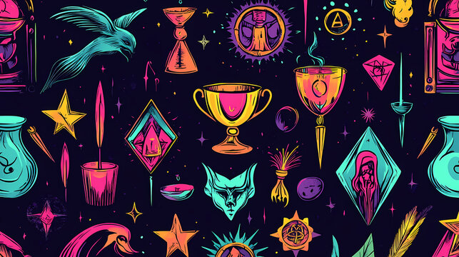 Editable modern illustration of a minor arcana tarot deck. occult and alchemy symbols. cups - faculty emotions and love. Alchemy & Magic Symbols. Illustration