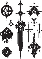 A set of decorative elements for design. Cyberpunk, gothic, retro, vintage, ornaments, patterns. Hand drawn vector illustration