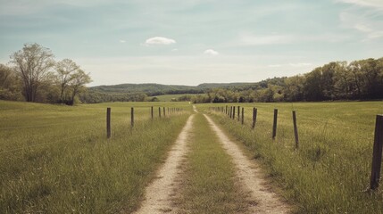 Rural dirt road through grassy field, hills in background; idyllic landscape
