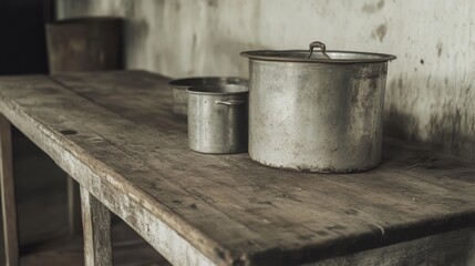 Fototapeta premium Rustic kitchen, old pots, wooden table, worn walls, historical setting, stock photo