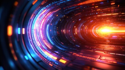 Obraz premium Futuristic tunnel, vibrant lights, digital background, hyperspace travel