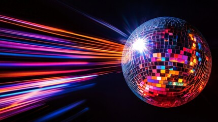 Colorful Disco Ball with Light Trails in a Dark Background