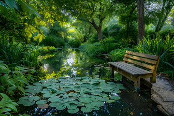 Serene Pond with Reflective Waters and Lush Greenery, Featuring Lily Pads and Sunlit Foliage